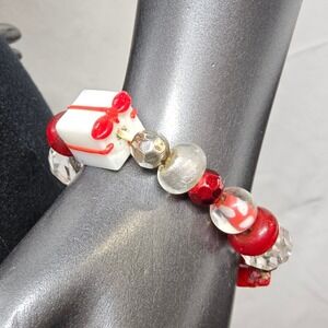 Christmas Beaded Bracelet‎ Womens OS Red White Present Heart Festive